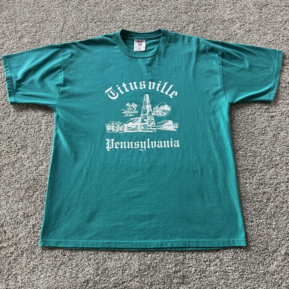 Vintage Jerzees Titusville Pennsylvania Shirt Mens XL Green Souvenir Tee T-Shirt